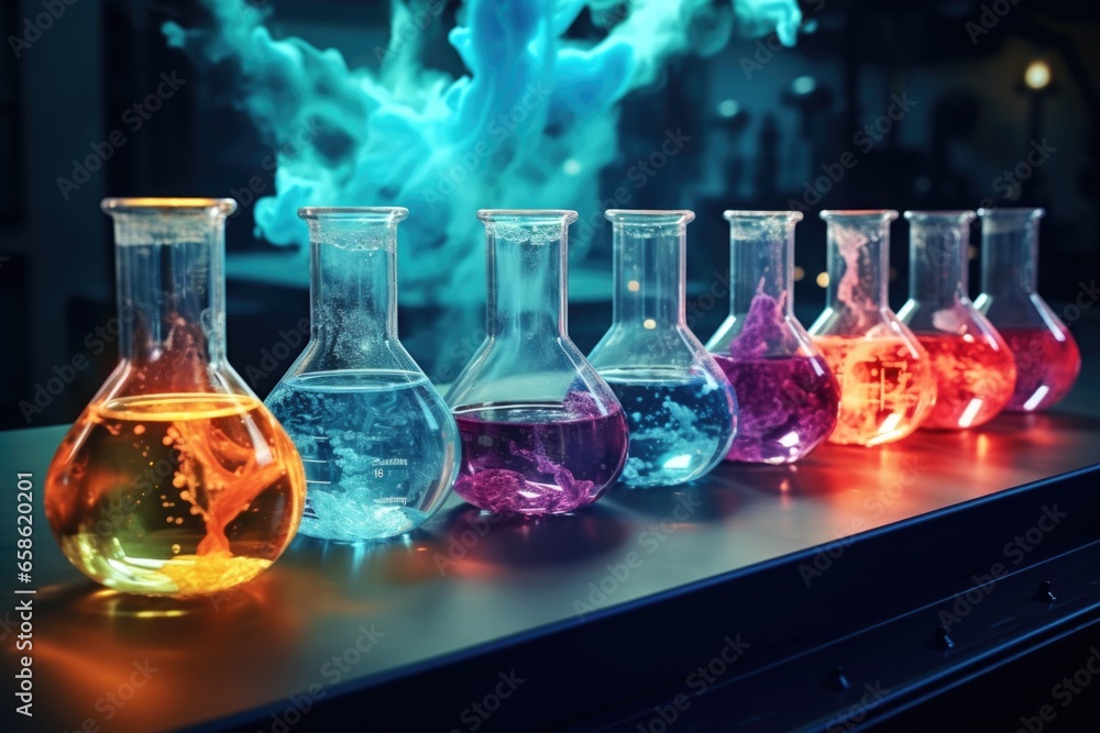 Poster A row of test tubes filled with various colored liquids. This versatile image can be used in scientific presentations or educational materials.
