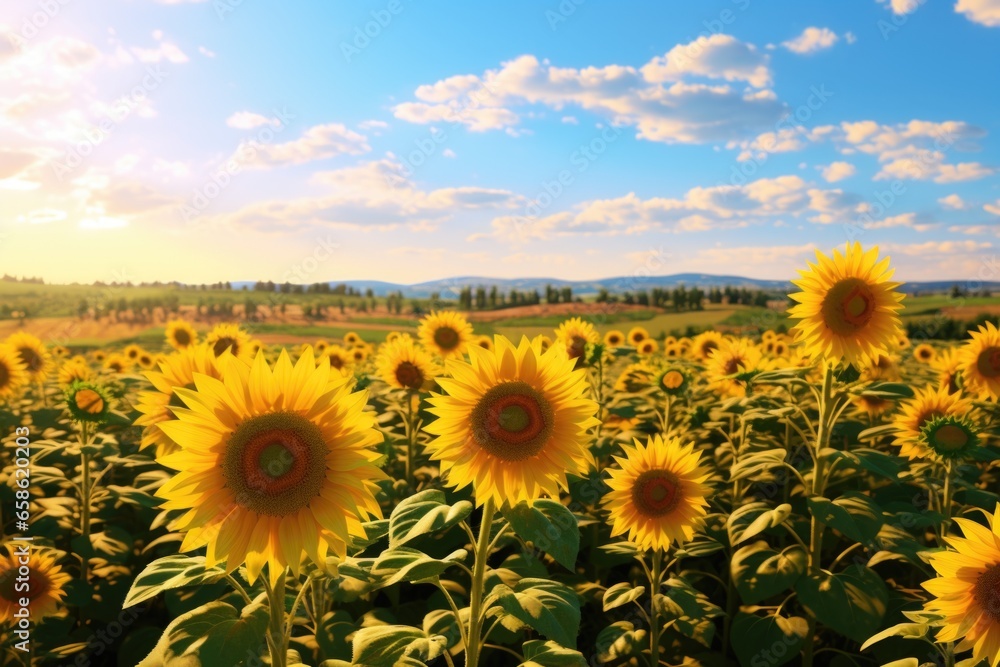 Poster a beautiful field of sunflowers with a clear blue sky in the background. perfect for adding a touch 