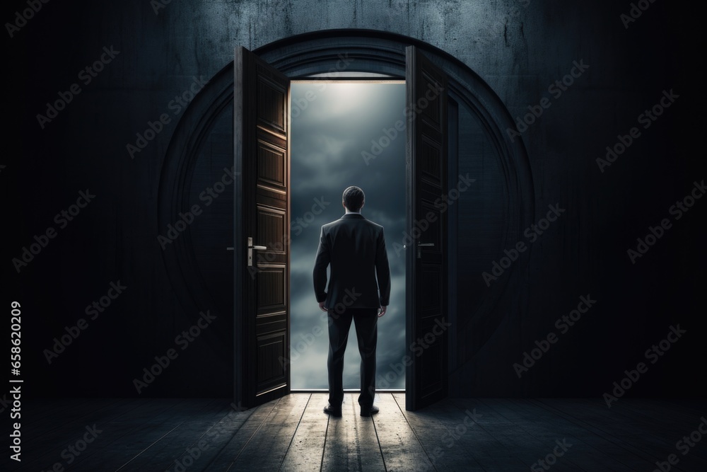 Poster a man is pictured standing in front of an open door. this image can be used to represent new opportu