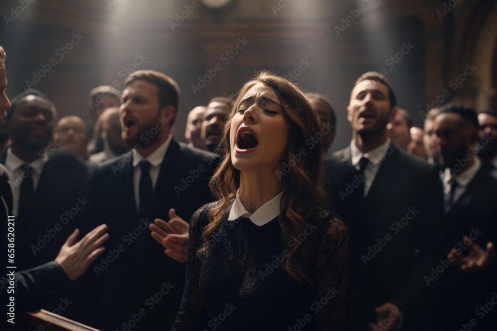 Aufkleber a woman confidently singing in front of a group of men. perfect for showcasing talent and performanc