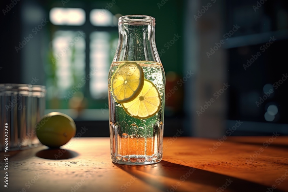 Poster A bottle of water with a slice of lemon in it. Perfect for hydrating and adding a touch of citrus to your day.