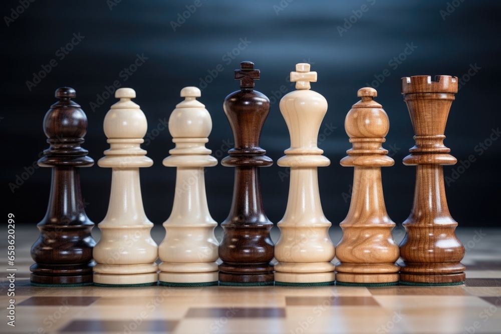 Poster a group of chess pieces sitting on top of a chess board. this image can be used to depict strategy, 