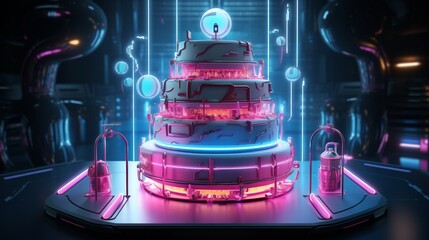 showcasing a futuristic birthday cake with neon accents. 