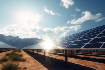 A picture of a field filled with solar panels in the desert. This image can be used to showcase renewable energy, sustainability, and environmental conservation.