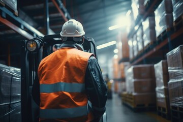 A man wearing an orange safety vest is operating a forklift. This image can be used to depict warehouse operations, construction sites, or industrial work environments.