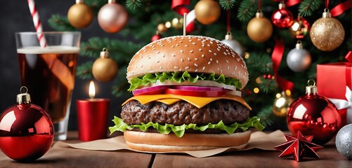 Christmas burger meal concept. Cheeseburger on a wooden table with a christmas tree background. For burger restaurants, fast food, diner, imbiss - obrazy, fototapety, plakaty