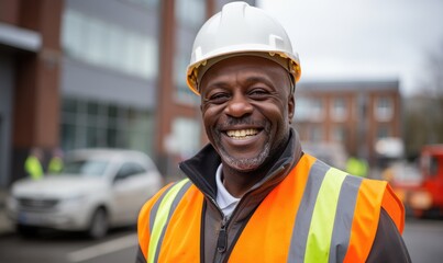 Portrait of smiling African American worker man in helmet. Black male engineer wearing safety vest and hard hat standing in manufacturing or construction site. Positive emotion good job.