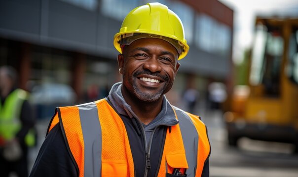Portrait of smiling African American worker man in helmet. Black male engineer wearing safety vest and hard hat standing in manufacturing or construction site. Positive emotion good job.