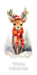 Watercolor illustration of a young deer with a scarf on a white background. Generated AI