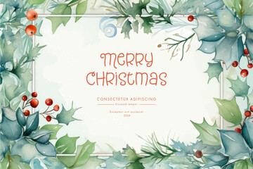 Christmas greeting card with watercolor holly leaves and berries. Vector illustration.