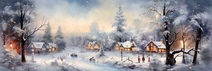 Christmas scene with landscape with house and snow