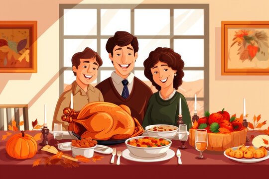 drawn family thanksgiving dinner, family sitting at the table