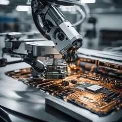 A close-up image of a robotic arm assembling advanced microelectronics in a high-tech facility5