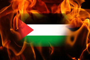 close up view of the flag of Palestine waving in the flame. Palestine Israel war. Banner for...