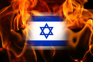 Palestine Israel war. Banner for design.  Flame and fire. Israel flag background