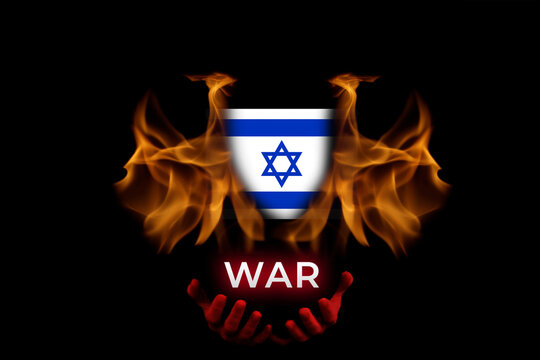 Palestine Israel war. Banner for design. Text.  Demon evil holding Israel flag. Flame and fire