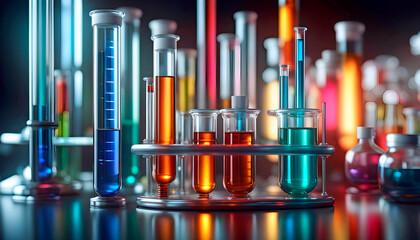  Laboratory glassware with colored liquid, science research and development concept - obrazy, fototapety, plakaty