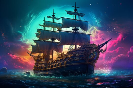 A top-notch pirate ship wallpaper, ideal for cryptocurrency strategists, in 4k resolution with vibrant cmyk colors. Generative AI