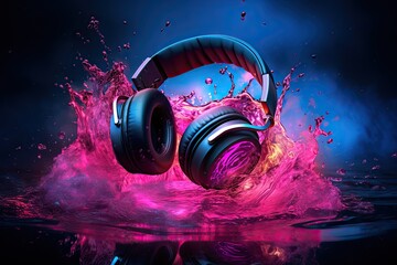 headphones with dark purplecolored glow behind them. an audio music concept illustration of headphones - obrazy, fototapety, plakaty