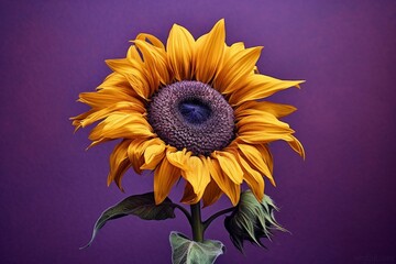 A sunflower against a purple backdrop. Generative AI