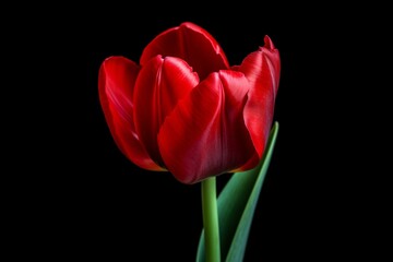 red tulip on black background. Generative AI