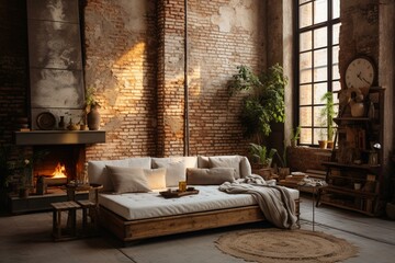 Vintage loft apartment with a sofa in an old brick loft. Generative AI