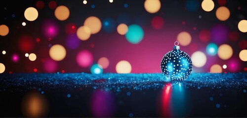 A single blue christmas bauble shining like a disco ball with colorful glowing lights bokeh background. Large negative space for text, graphics and personal messages - obrazy, fototapety, plakaty