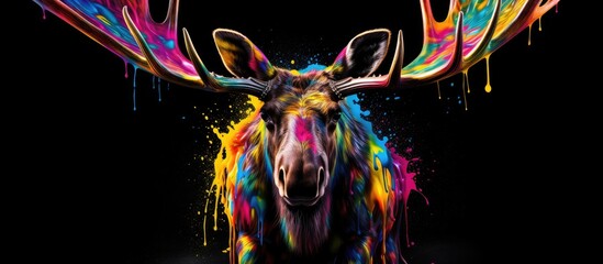 Painted colorful moose  animal, they show off in beautiful colors. isolated black background. Pattern for t-shirt printing, Generative AI