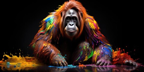 Painted colorful orangutan  animal, they show off in beautiful colors. isolated black background. Pattern for t-shirt printing, Generative AI