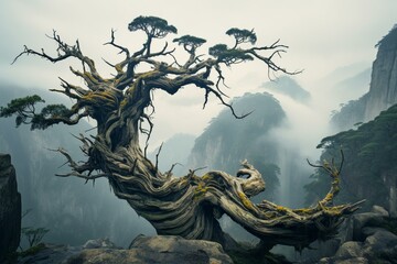 Scenic mountains in China with twisted, aged trees. Generative AI - obrazy, fototapety, plakaty