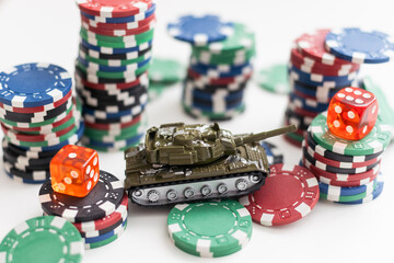 Poker playing chips with card and dollar banknoteson a casino green table. Online gambling. Texas