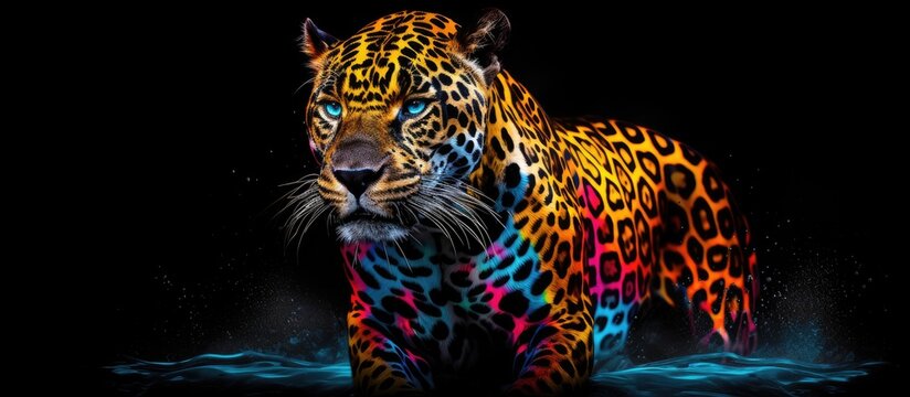 Painted colorful  jaguar animal, they show off in beautiful colors. isolated black background. Pattern for t-shirt printing, Generative AI