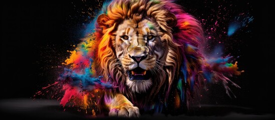 Painted colorful lion  animal, they show off in beautiful colors. isolated black background. Pattern for t-shirt printing, Generative AI