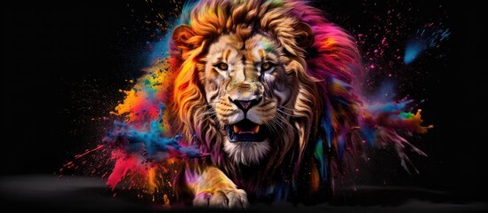 Painted colorful lion  animal, they show off in beautiful colors. isolated black background. Pattern for t-shirt printing, Generative AI