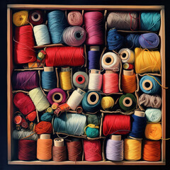 Colorful Creativity: A Wooden Box of Thread Spools,spools of thread,sewing threads and buttons