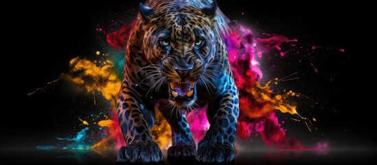 Painted colorful  black panther animal, they show off in beautiful colors. isolated black background. Pattern for t-shirt printing, Generative AI