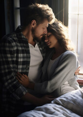 Obraz premium Generative AI, beautiful young man and woman, couple of lovers lying in bed, family, love, romance, passion, guy, girl, day off, sex life, date, valentine's day, relationship, time together, light