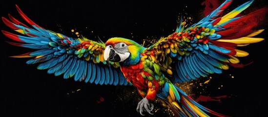 Painted colorful parrot  animal, they show off in beautiful colors. isolated black background. Pattern for t-shirt printing, Generative AI