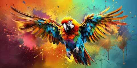 Painted colorful parrot  animal, they show off in beautiful colors. isolated black background. Pattern for t-shirt printing, Generative AI - obrazy, fototapety, plakaty