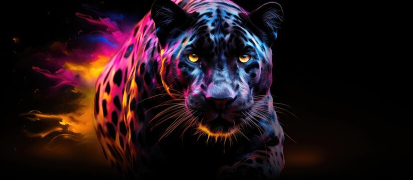 Painted colorful  black panther animal, they show off in beautiful colors. isolated black background. Pattern for t-shirt printing, Generative AI