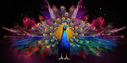 Painted colorful  peacock animal, they show off in beautiful colors. isolated black background. Pattern for t-shirt printing, Generative AI
