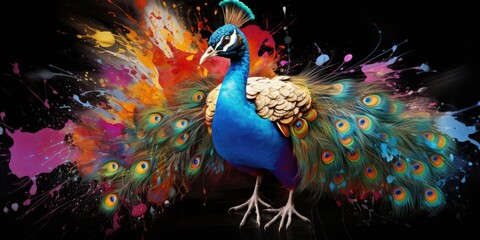 Painted colorful  peacock animal, they show off in beautiful colors. isolated black background. Pattern for t-shirt printing, Generative AI