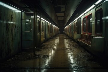 A subway train is parked in a dark location. This image can be used to depict urban transportation or nighttime city scenes.