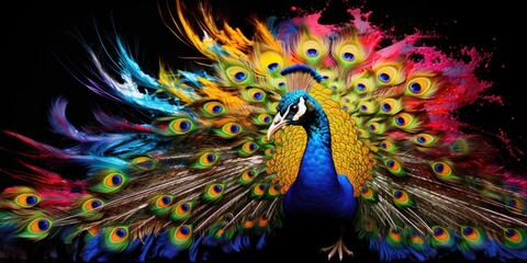 Painted colorful  peacock animal, they show off in beautiful colors. isolated black background. Pattern for t-shirt printing, Generative AI