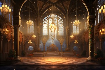 Illustration of a grand castle's ballroom or reception hall with medieval aesthetics. Generative AI
