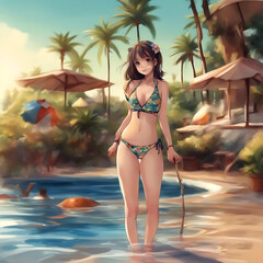 Beautiful sexy blonde anime girl with long hair wearing swimsuit bikni posing in a beach. Generative AI