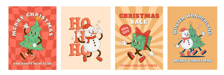 Set of retro cartoon Christmas characters posters. Christmas tree, snowman, gift box mascot. New year decoration vector illustration. Print, poster, greeting card, postcard
