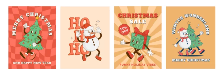 Foto auf Acrylglas Positive Typografie Set of retro cartoon Christmas characters posters. Christmas tree, snowman, gift box mascot. New year decoration vector illustration. Print, poster, greeting card, postcard