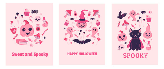Fototapeta na wymiar Set of Happy Halloween party poster, invitation, background. Trick or treat. Pinkcore style vector illustration. Pumpkin, bat, poison, skull, mushrooms, sweets, candy, tombstone