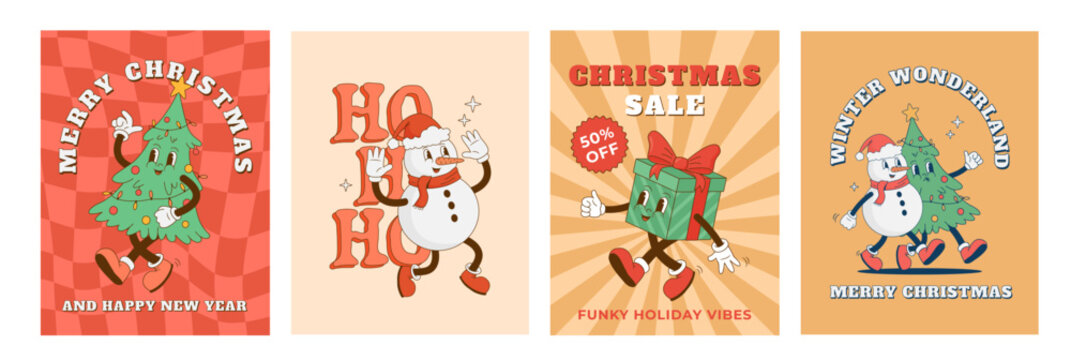 Set of retro cartoon Christmas characters posters. Christmas tree, snowman, gift box mascot. New year decoration vector illustration. Print, poster, greeting card, postcard